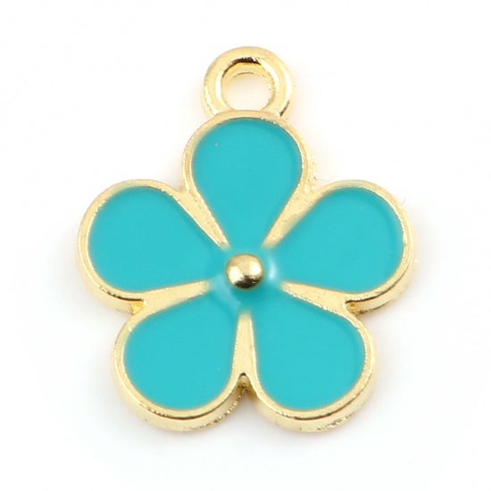 Picture of Zinc Based Alloy Charms Flower Gold Plated Green Blue Enamel 16mm x 14mm, 20 PCs