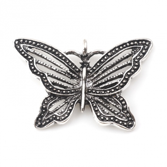 Picture of Zinc Based Alloy Insect Pendants Butterfly Animal Antique Silver Color Hollow 3.6cm x 2.4cm, 10 PCs