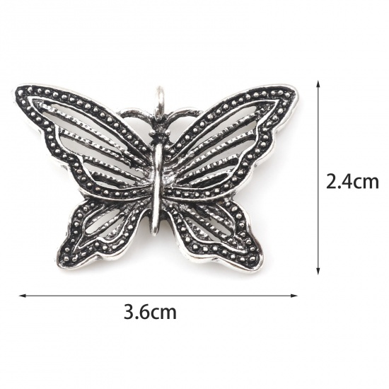 Picture of Zinc Based Alloy Insect Pendants Butterfly Animal Antique Silver Color Hollow 3.6cm x 2.4cm, 10 PCs