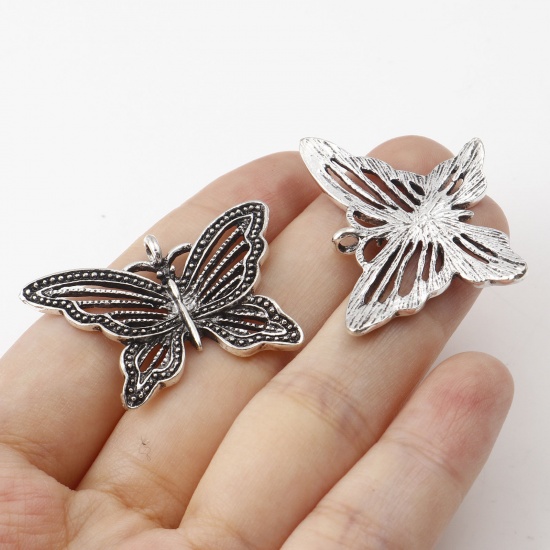 Picture of Zinc Based Alloy Insect Pendants Butterfly Animal Antique Silver Color Hollow 3.6cm x 2.4cm, 10 PCs