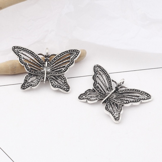 Picture of Zinc Based Alloy Insect Pendants Butterfly Animal Antique Silver Color Hollow 3.6cm x 2.4cm, 10 PCs