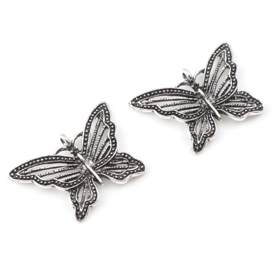 Picture of Zinc Based Alloy Insect Pendants Butterfly Animal Antique Silver Color Hollow 3.6cm x 2.4cm, 10 PCs