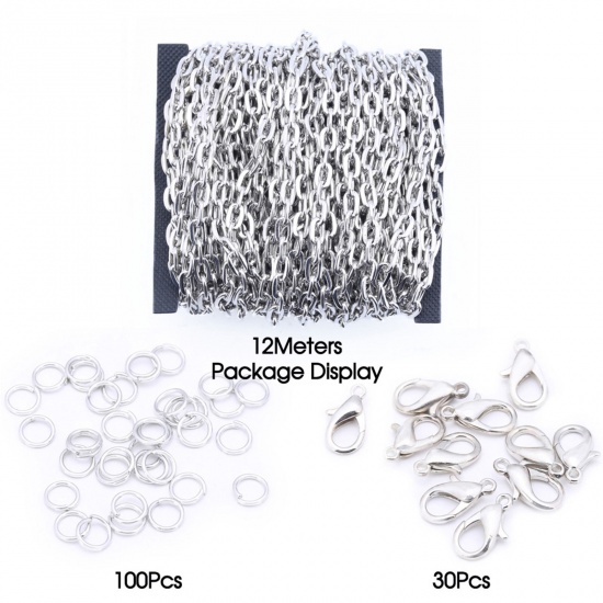 Picture of Iron Based Alloy Jewelry DIY Earring Necklace Bracelet 3x2mm Chain Lobster Clasp Jump Ring Accessories Findings Silver Tone 15cm x 12cm, 1 Set