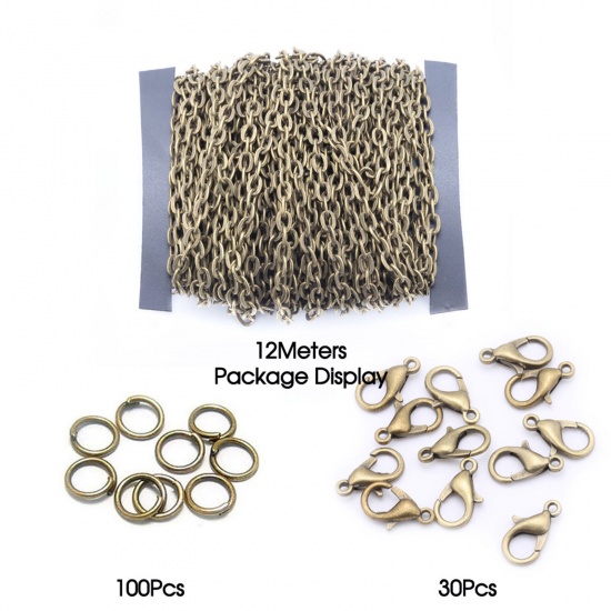 Picture of Iron Based Alloy Jewelry DIY Earring Necklace Bracelet 4x3mm Chain Lobster Clasp Jump Ring Accessories Findings Antique Bronze 15cm x 12cm, 1 Set