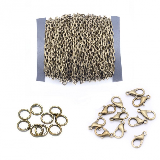 Picture of Iron Based Alloy Jewelry DIY Earring Necklace Bracelet 2x1.5mm Chain Lobster Clasp Jump Ring Accessories Findings Antique Bronze 15cm x 12cm, 1 Set