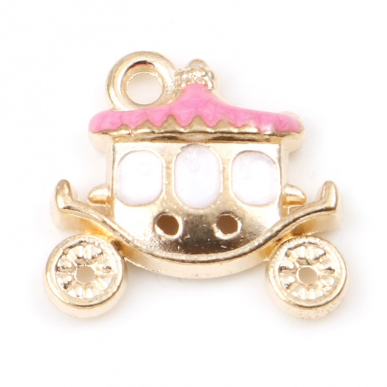 Picture of Zinc Based Alloy Fairy Tale Collection Charms Carriage Gold Plated Fuchsia Enamel 16mm x 15mm, 20 PCs