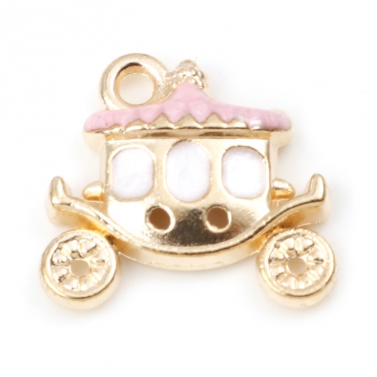 Picture of Zinc Based Alloy Fairy Tale Collection Charms Carriage Gold Plated Light Pink Enamel 16mm x 15mm, 20 PCs