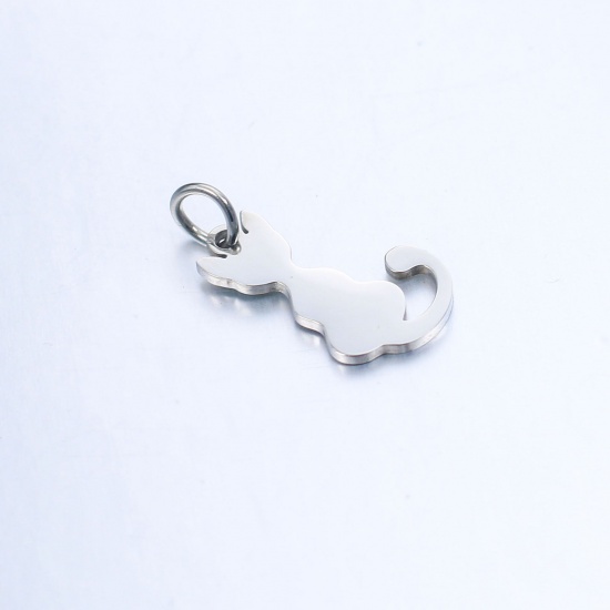 Immagine di 304 Acciaio Inossidabile Beniamino Contorno Charms Gatto Tono Argento Modifiche in bianco di timbratura 19mm x 9mm, 2 Pz