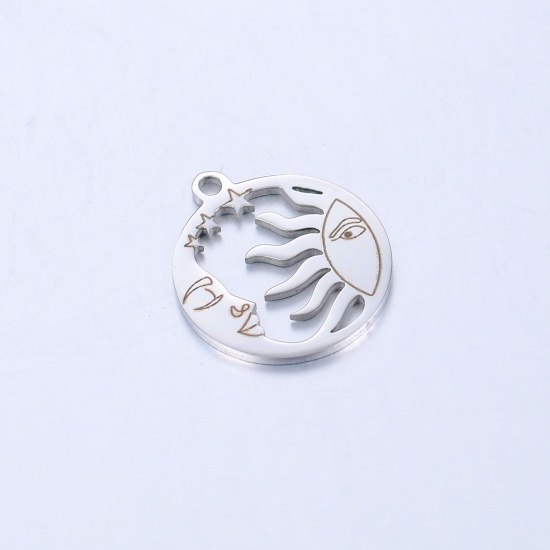 Picture of 304 Stainless Steel Galaxy Charms Silver Tone Sun Moon 17mm x 15mm, 1 Piece