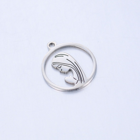 304ステンレス鋼 宗教 チャーム 円形 シルバートーン 聖母マリア 17mm x 15mm、 1 個 の画像