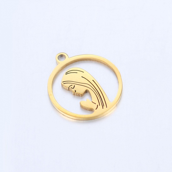304ステンレス鋼 宗教 チャーム 円形 金メッキ 聖母マリア 17mm x 15mm、 1 個 の画像