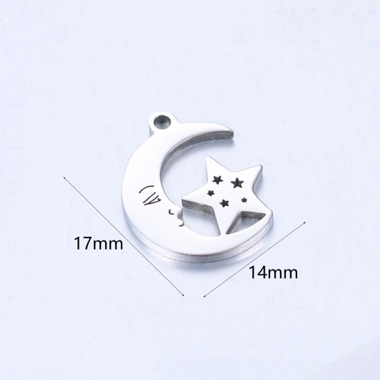 Image de Breloques en 304 Acier Inoxydable Galaxie Demi Lune Argent Mat Etoile 17mm x 14mm , 1 Pièce