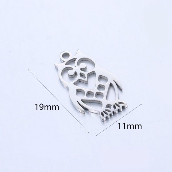 Picture of 304 Stainless Steel Charms Silver Tone Owl Animal 19mm x 11mm, 1 Piece