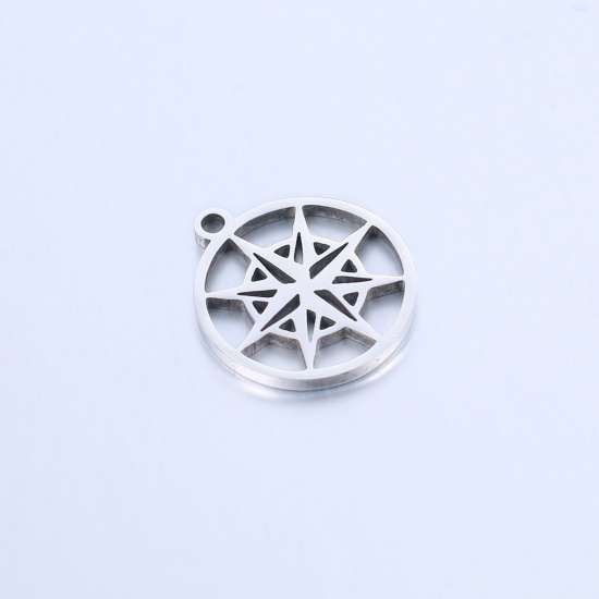 Image de Breloques en 304 Acier Inoxydable Voyage Rond Argent Mat Boussole 17mm x 15mm , 1 Pièce