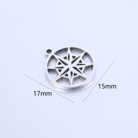 Image de Breloques en 304 Acier Inoxydable Voyage Rond Argent Mat Boussole 17mm x 15mm , 1 Pièce