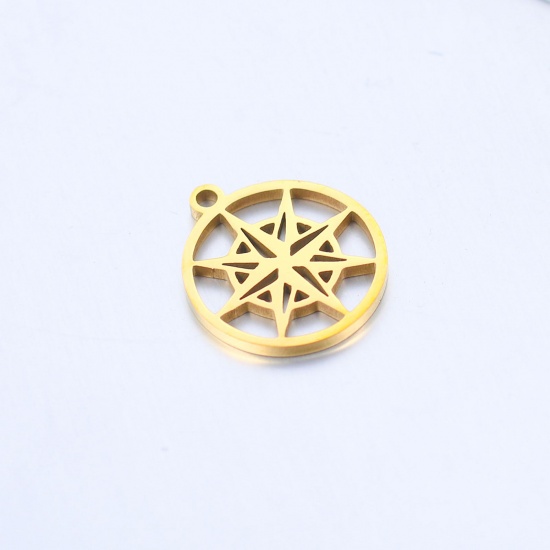 Image de Breloques en 304 Acier Inoxydable Voyage Rond Doré Cadran de Boussole 17mm x 15mm , 1 Pièce