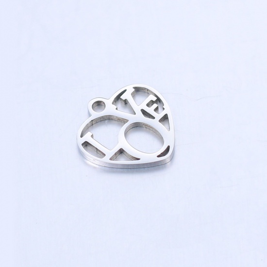Picture of 304 Stainless Steel Valentine's Day Charms Silver Tone Heart Message " LOVE " 17mm x 15mm, 2 PCs