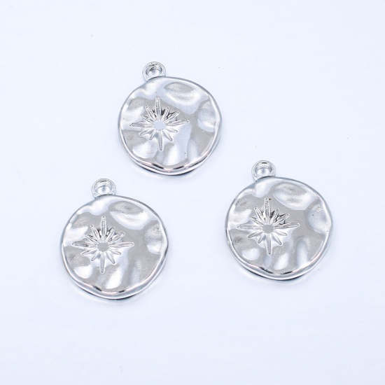 Picture of 304 Stainless Steel Casting Charms Silver Tone Round Star 18.5mm x 15mm, 1 Piece
