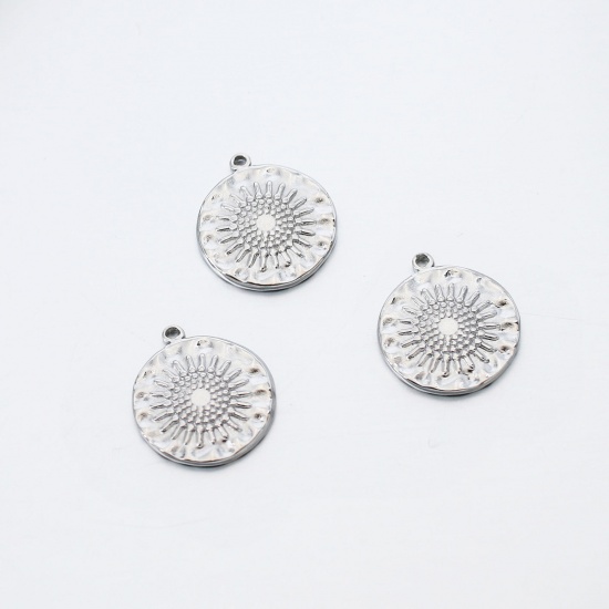 Picture of 304 Stainless Steel Charms Silver Tone Round Sunflower 16mm x 14mm, 1 Piece