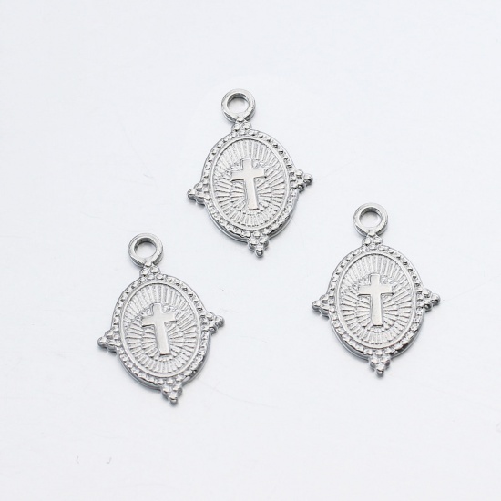 Picture of 304 Stainless Steel Religious Charms Silver Tone Oval Cross 19mm x 13mm, 1 Piece