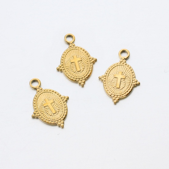 Picture of 304 Stainless Steel Religious Charms Gold Plated Oval Cross 19mm x 13mm, 1 Piece