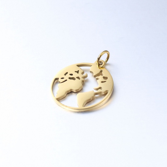 Image de Breloques en 304 Acier Inoxydable Silhouette Carte Rond Doré 23.5mm x 18mm , 1 Pièce