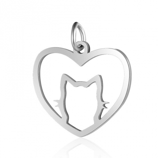 Picture of 304 Stainless Steel Pet Silhouette Charms Silver Tone Heart Cat 21mm x 20mm, 1 Piece