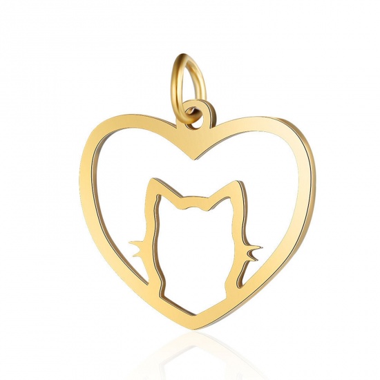 Picture of 304 Stainless Steel Pet Silhouette Charms Gold Plated Heart Cat 21mm x 20mm, 1 Piece