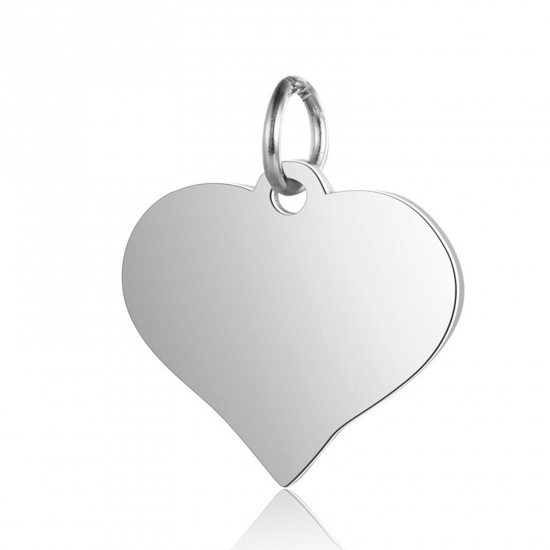 Picture of 1 Piece 304 Stainless Steel Valentine's Day Blank Stamping Tags Charms Heart Silver Tone Mirror Polishing 17mm x 15mm