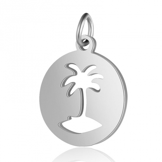 Imagen de 304 Acero Inoxidable Colgantes Charms Ronda Tono de Plata Árbol de Coco 20mm x 14.5mm, 2 Unidades