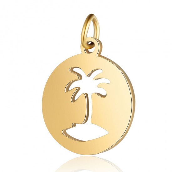 Imagen de 304 Acero Inoxidable Colgantes Charms Ronda Chapado en Oro Árbol de Coco 20mm x 14.5mm, 2 Unidades
