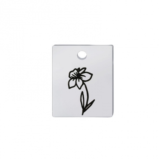 Image de Breloques en 304 Acier Inoxydable Fleur de Mois de Naissance Rectangle Argent Mat Noir mars 13mm x 11mm , 1 Pièce