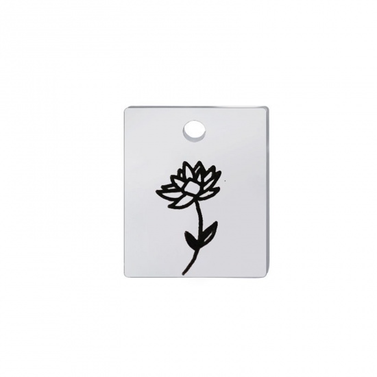 Image de Breloques en 304 Acier Inoxydable Fleur de Mois de Naissance Rectangle Argent Mat Noir juillet 13mm x 11mm , 1 Pièce