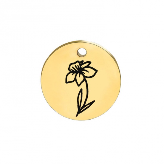 Picture of 304 Stainless Steel Birth Month Flower Charms Gold Plated Black Round March 15mm Dia., 1 Piece
