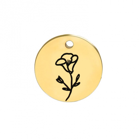 Image de Breloques en 304 Acier Inoxydable Fleur de Mois de Naissance Rond Doré Noir septembre 15mm Dia., 1 Pièce