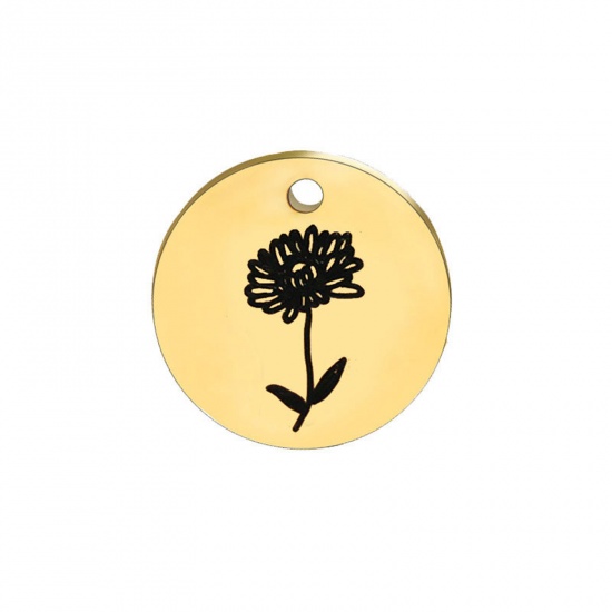 Picture of 304 Stainless Steel Birth Month Flower Charms Gold Plated Black Round November 15mm Dia., 1 Piece