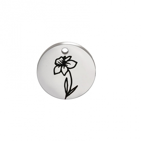 Image de Breloques en 304 Acier Inoxydable Fleur de Mois de Naissance Rond Argent Mat Noir mars 15mm Dia., 1 Pièce