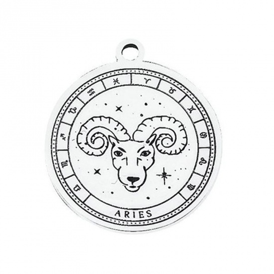 Picture of 304 Stainless Steel Charms Silver Tone Round Aries Sign Of Zodiac Constellations 22.5mm x 20mm, 1 Piece