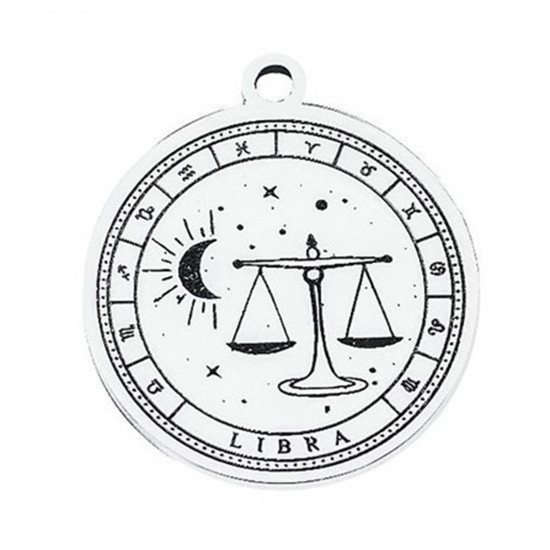 Picture of 304 Stainless Steel Charms Silver Tone Round Libra Sign Of Zodiac Constellations 22.5mm x 20mm, 1 Piece