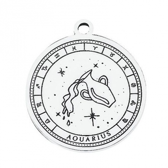 Picture of 304 Stainless Steel Charms Silver Tone Round Aquarius Sign Of Zodiac Constellations 22.5mm x 20mm, 1 Piece