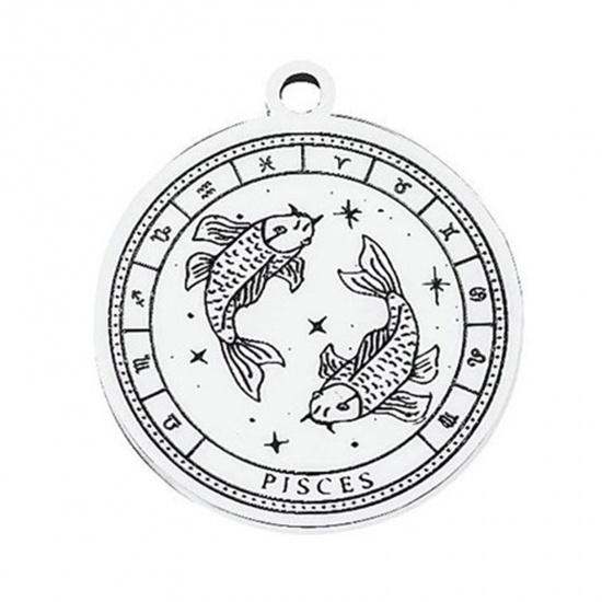 Picture of 304 Stainless Steel Charms Silver Tone Round Pisces Sign Of Zodiac Constellations 22.5mm x 20mm, 1 Piece