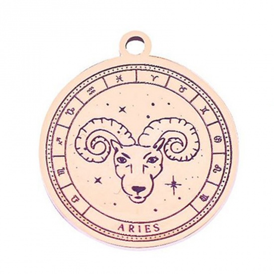 Picture of 304 Stainless Steel Charms Rose Gold Round Aries Sign Of Zodiac Constellations 22.5mm x 20mm, 1 Piece