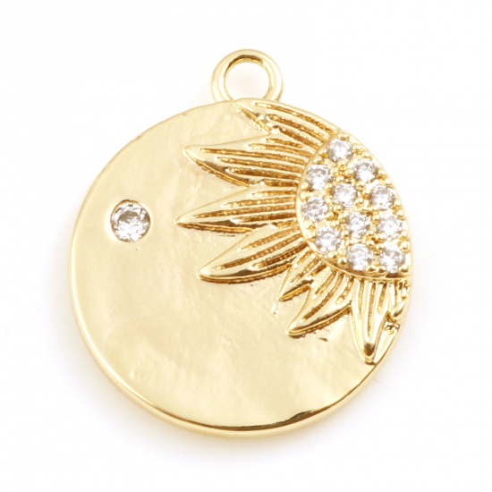 Imagen de Latón Colgantes Charms Ronda Oro Real Chapado Girasol Claro Circón Artificial 18mm x 16mm, 2 Unidades