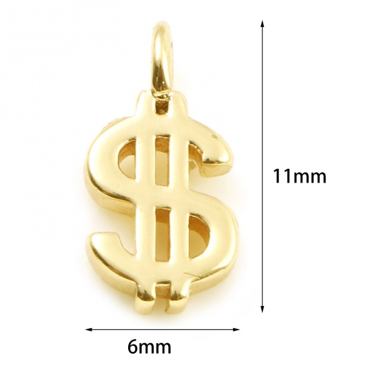 Imagen de Latón Colgantes Charms Dólar Oro Real Chapado 11mm x 6mm, 5 Unidades