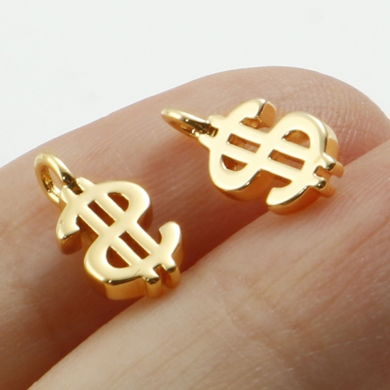 Imagen de Latón Colgantes Charms Dólar Oro Real Chapado 11mm x 6mm, 5 Unidades