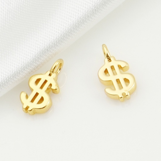Imagen de Latón Colgantes Charms Dólar Oro Real Chapado 11mm x 6mm, 5 Unidades