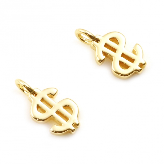 Imagen de Latón Colgantes Charms Dólar Oro Real Chapado 11mm x 6mm, 5 Unidades