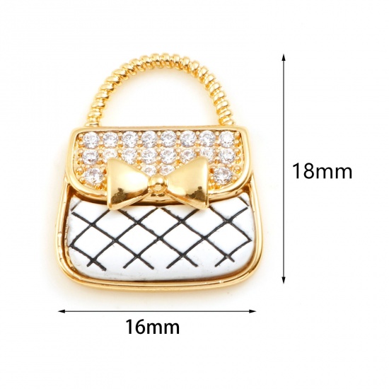 Picture of Brass Clothes Charms Bag Real Gold Plated White Enamel Clear Cubic Zirconia 18mm x 16mm, 1 Piece