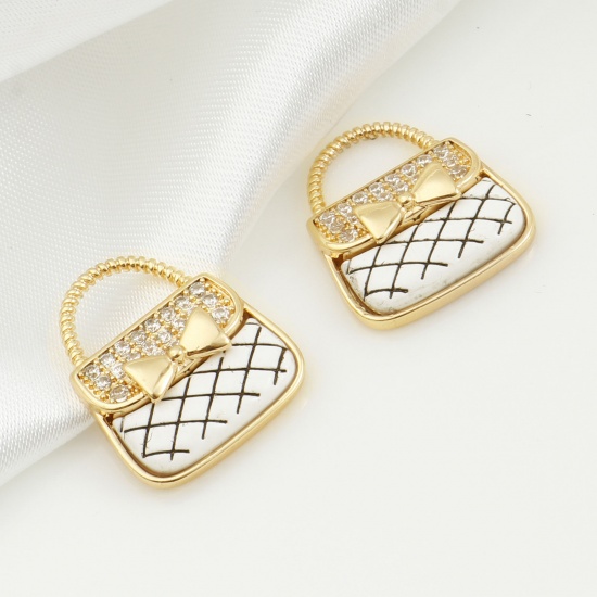 Picture of Brass Clothes Charms Bag Real Gold Plated White Enamel Clear Cubic Zirconia 18mm x 16mm, 1 Piece