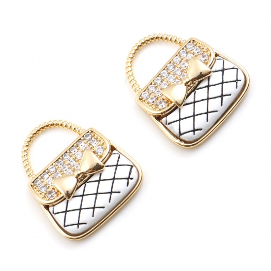 Picture of Brass Clothes Charms Bag Real Gold Plated White Enamel Clear Cubic Zirconia 18mm x 16mm, 1 Piece